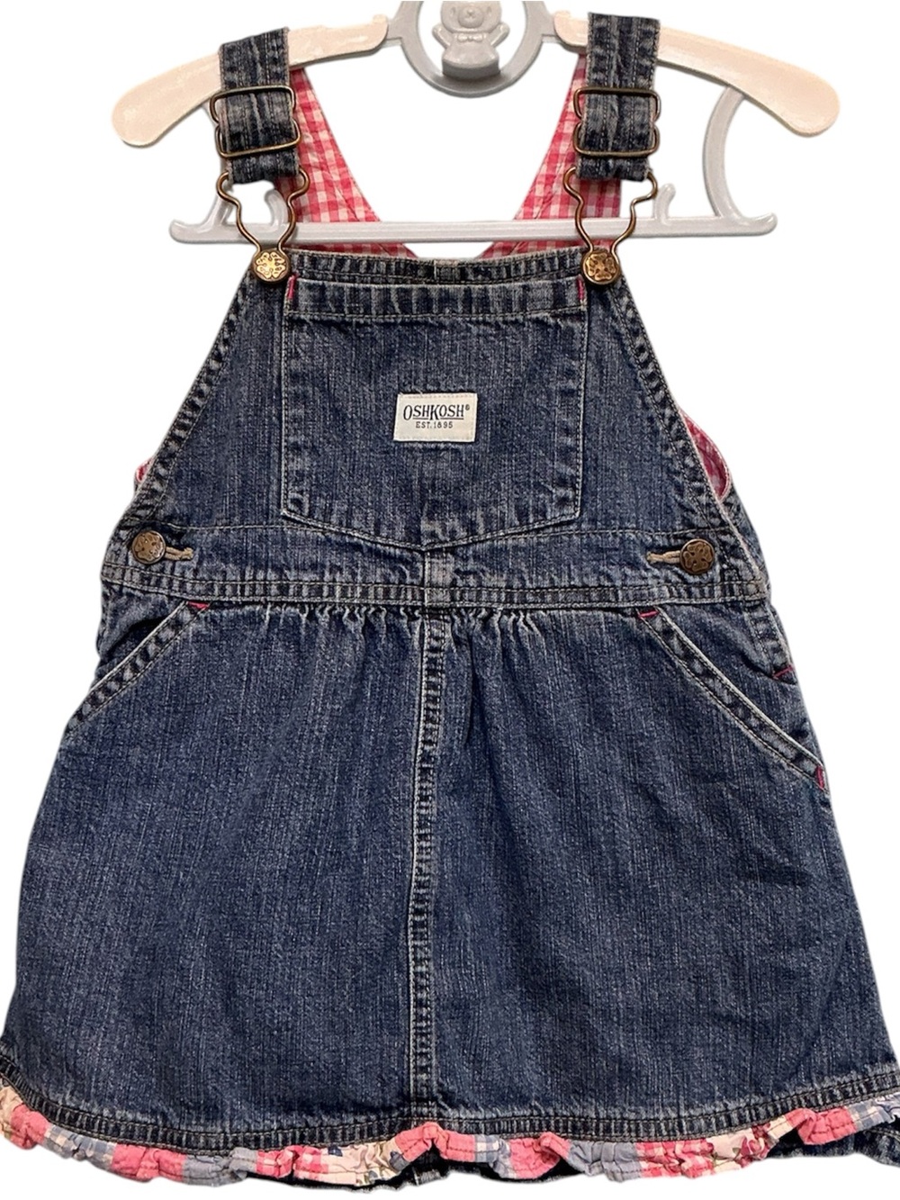 Vintage OshKosh B'gosh Denim Overall Dress - Blue with Pink Trim